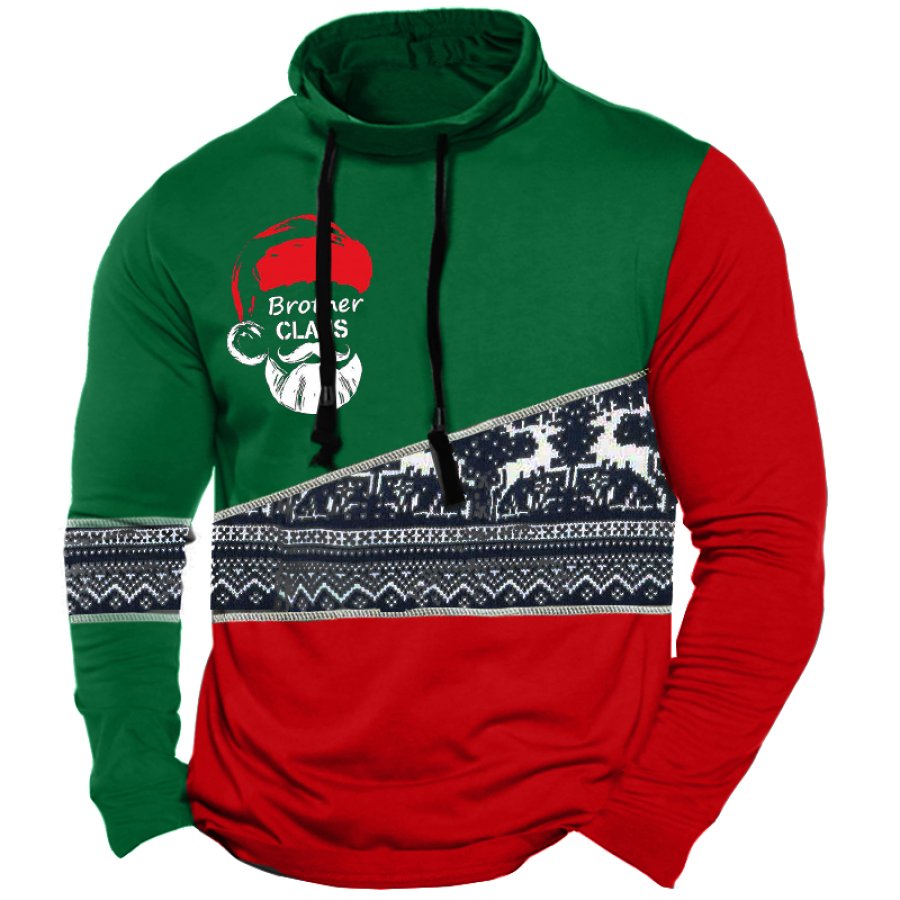 

Men's Red And Green Color Block Santa Claus Print Drawstring Mock Neck Long-sleeved T-shirt