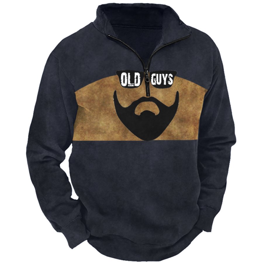 

Bearded Old Guys Men's Retro Color Block Print Mock Neck Sweatshirt