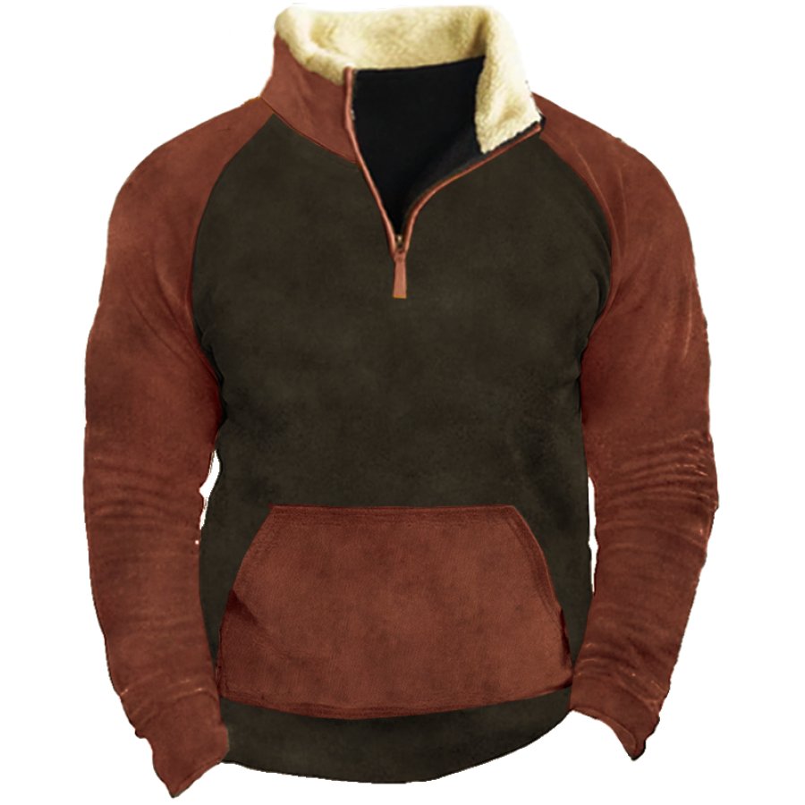 

Men's Vintage Colorblock Pocket Zipper Mock Neck Sweatshirt