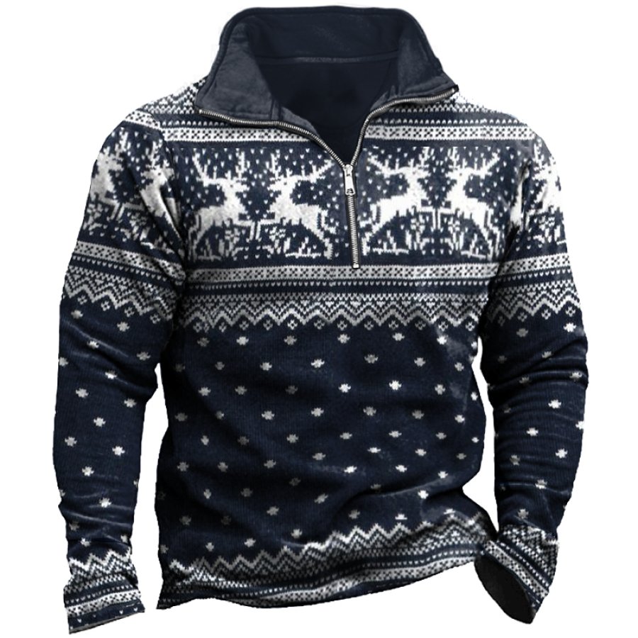 

Men's Retro Christmas Moose Print Zipper Mock Neck Sweatshirt