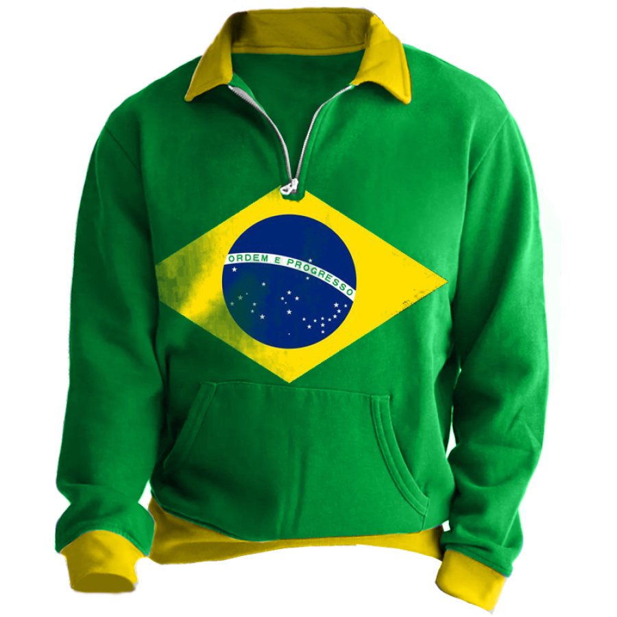 

Men's Colorblock Brazil Flag Qatar World Cup Zip Pocket Sweatshirt