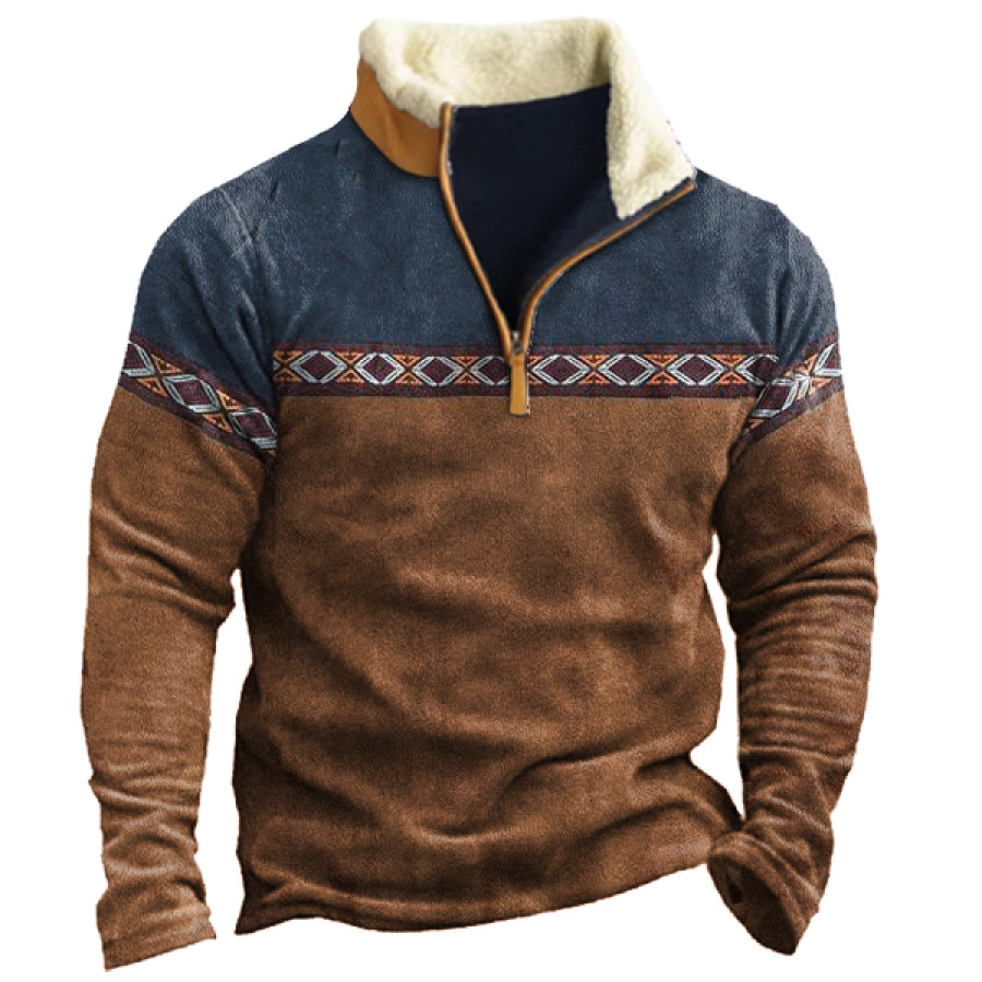 

Men's Aztec Colorblock Zipper Stand Collar Sweatshirt