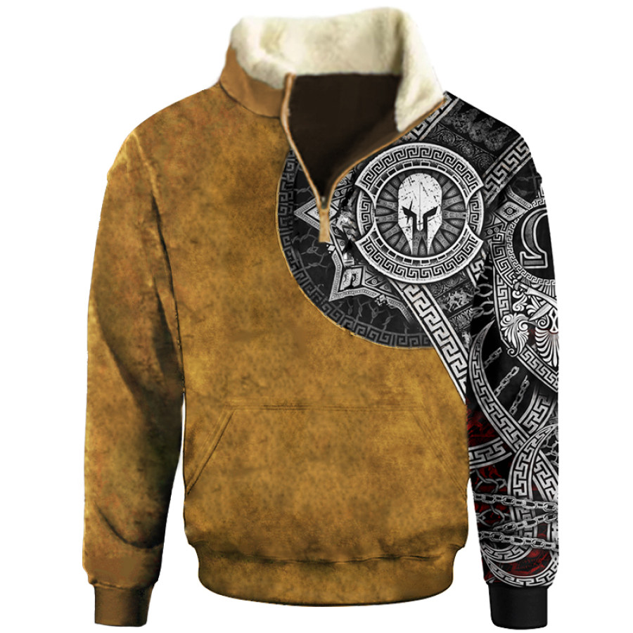 

Men Vintage Warrior Print Stand Collar Sweatshirt