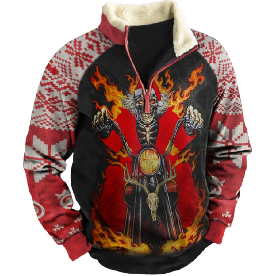 

Men's Motorcycle Skull Print Zipper Stand Collar Sweatshirt