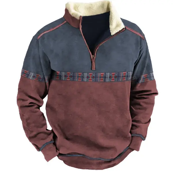 Men's Aztec Quarter Zip Color Contrast Winter Sweatshirt - Sanhive.com 
