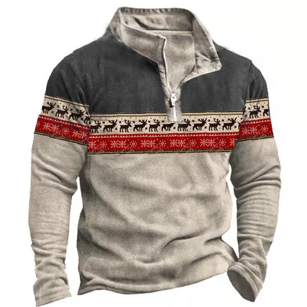 Men's Christmas Print Zip Chic Color Contrast Winter Sweatshirt