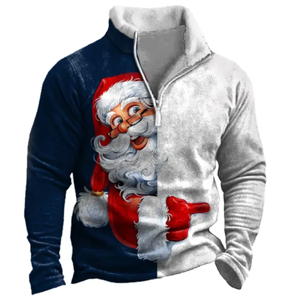 Men's Santa Print Colorblock Stand Collar Sweatshirt - Cotosen.com