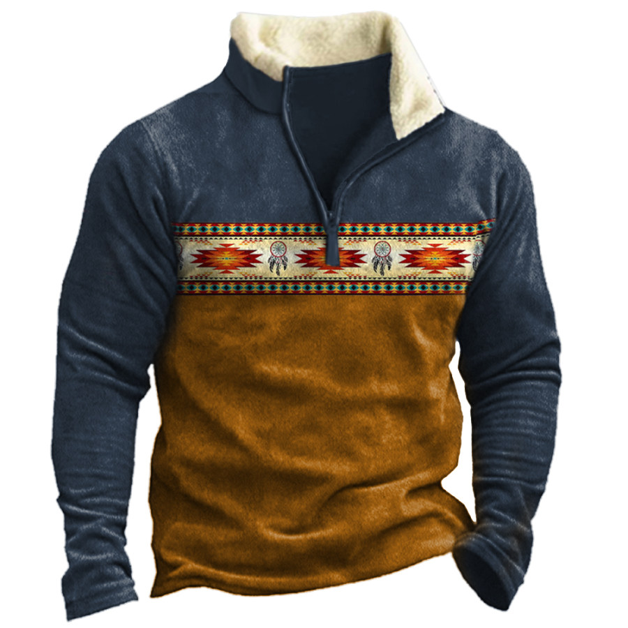 

Men's Vintage Western Region Printed Colorblock Stand Collar Sweatshirt