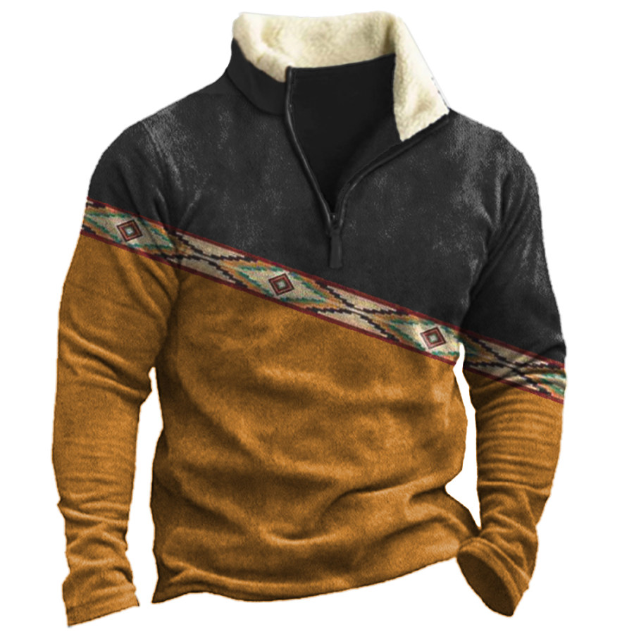 

Men's Vintage Western Region Printed Colorblock Stand Collar Sweatshirt