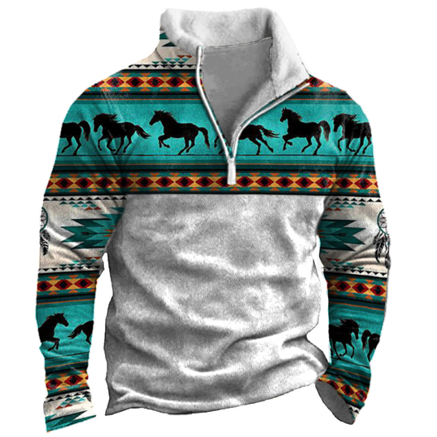 

Men's Vintage Western Region Printed Colorblock Stand Collar Sweatshirt