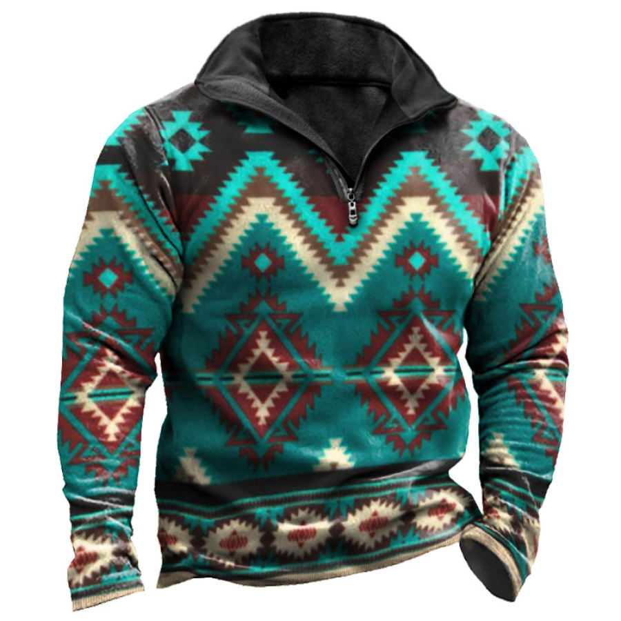 

Men's Vintage Ethnic Print Quarter Zip Sweatshirt