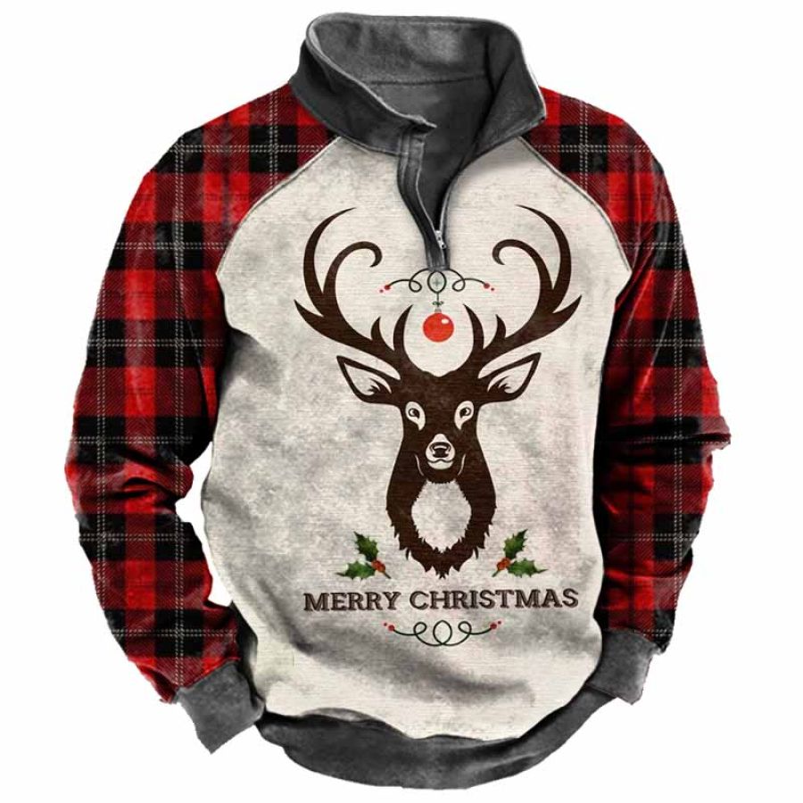 

Men's Plaid Merry Christmas Deer Print Quarter Zip Sweatshirt