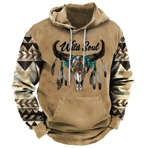Men's Vintage Ethnic Wild Soul Boho Bull Skull Print Hoodie - Kalesafe.com 