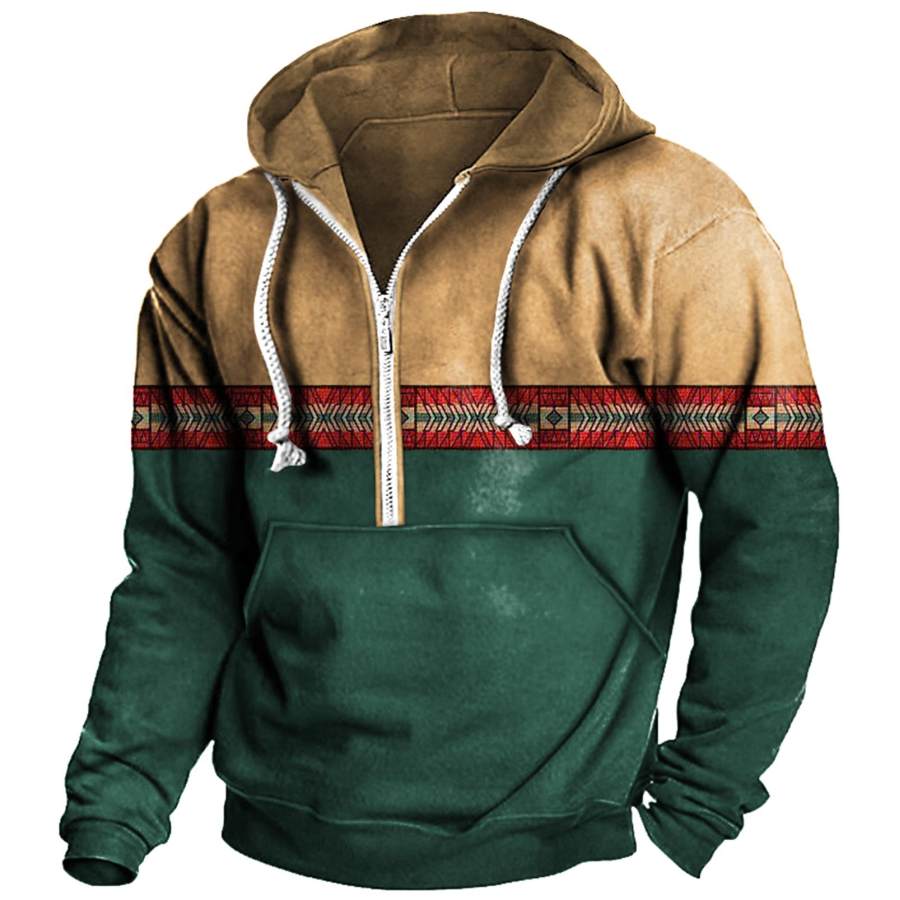 

Men's Vintage Ethnic Contrast Print Half Zip Hoodie