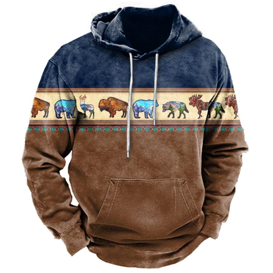 

Men's Vintage Ethnic Geometric Animals Color Contrast Print Hoodie