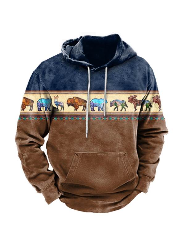 Men's Vintage Ethnic Geometric Animals Color Contrast Print Hoodie