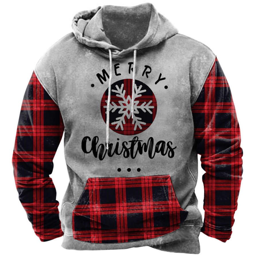 

Men's Plaid Panel Merry Christmas Print Pocket Hoodie