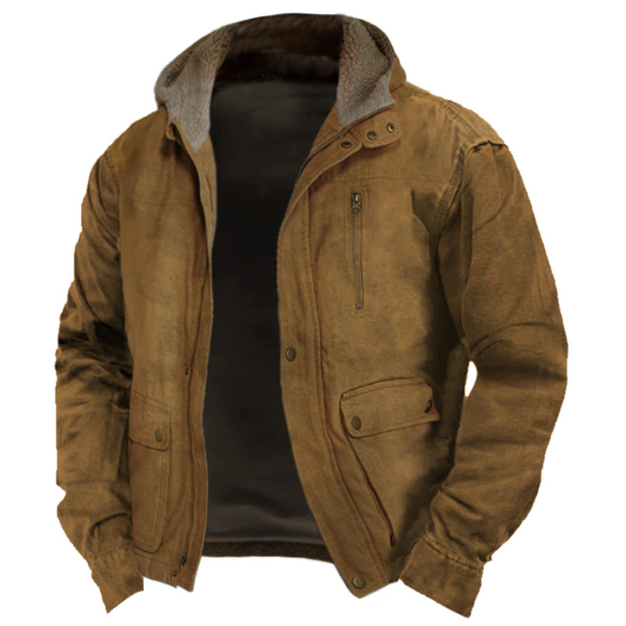 

Men's Vintage Outdoor Lined Warm Zipper Pocket Fleece Hooded Jacket