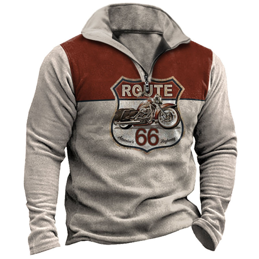 

Men's Vintage Motorcycle Route 66 Printed Quarter Zip Contrast Sweatshirt