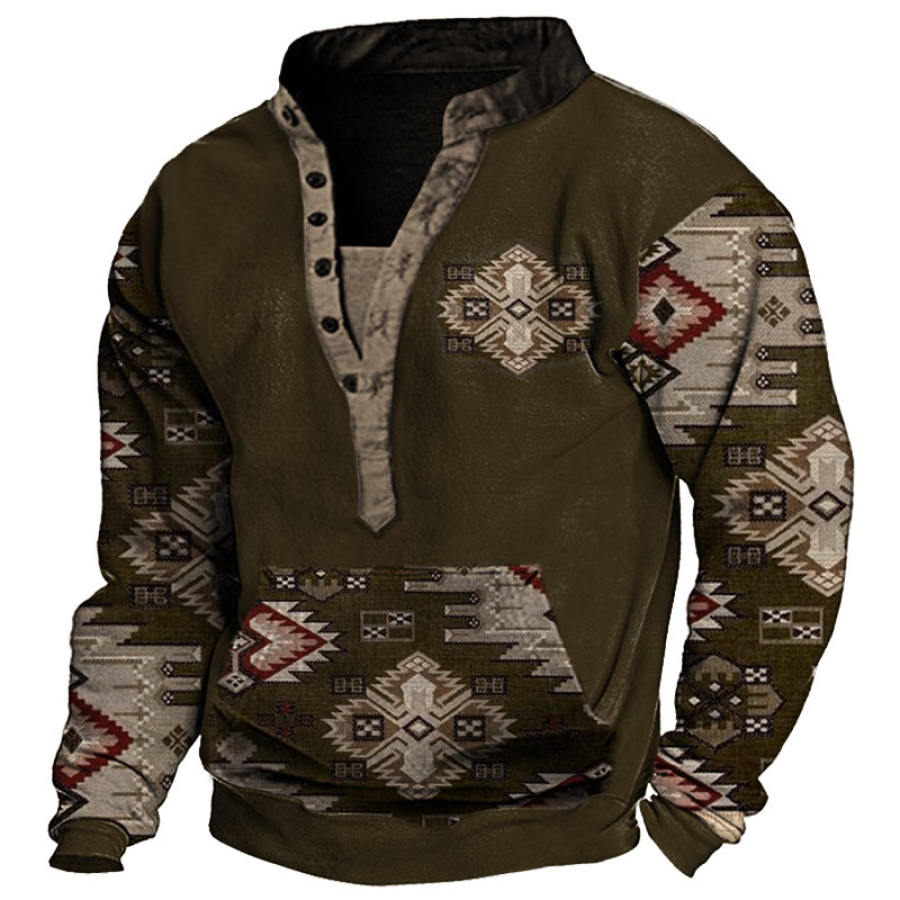 

Men's Outdoor Vintage Ethnic Print Henley Sweatshirt