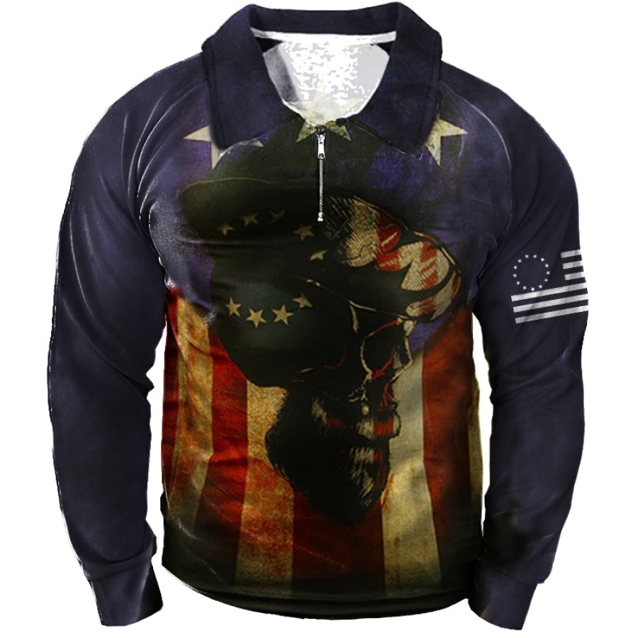 

Men's Vintage American Flag Skull Print POLO Sweatshirt