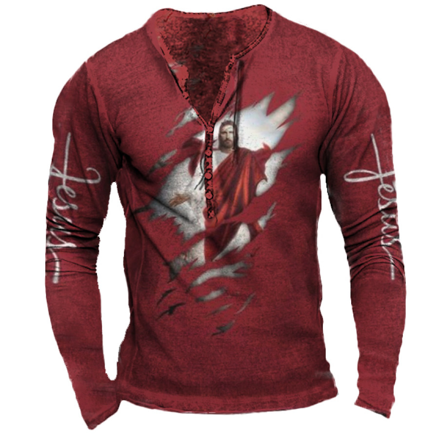 

Men's Jesus Print Christmas Long Sleeve Henley T-Shirt
