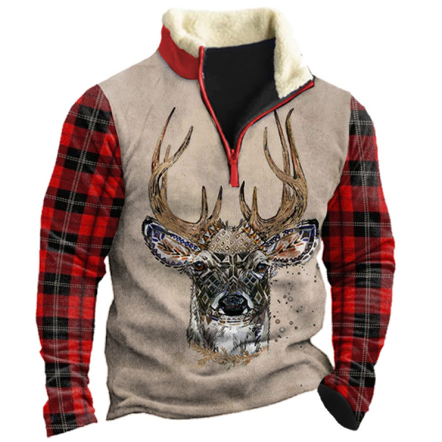 

Men's Plaid Christmas Reindeer Print Quarter Zip Sweatshirt