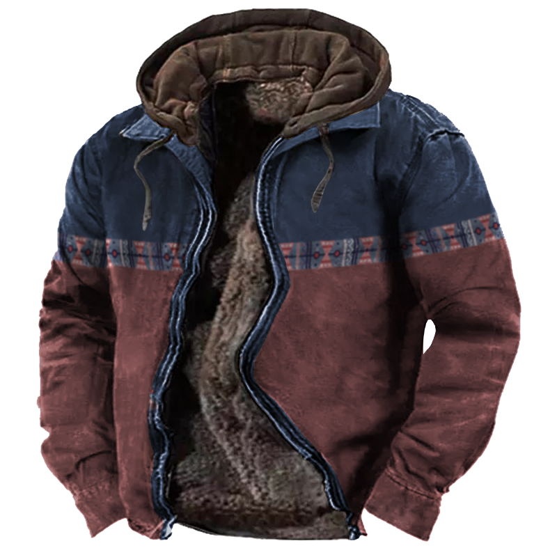 Men's Aztec Quarter Hoodie Chic Color Contrast Winter Tactical Jacket