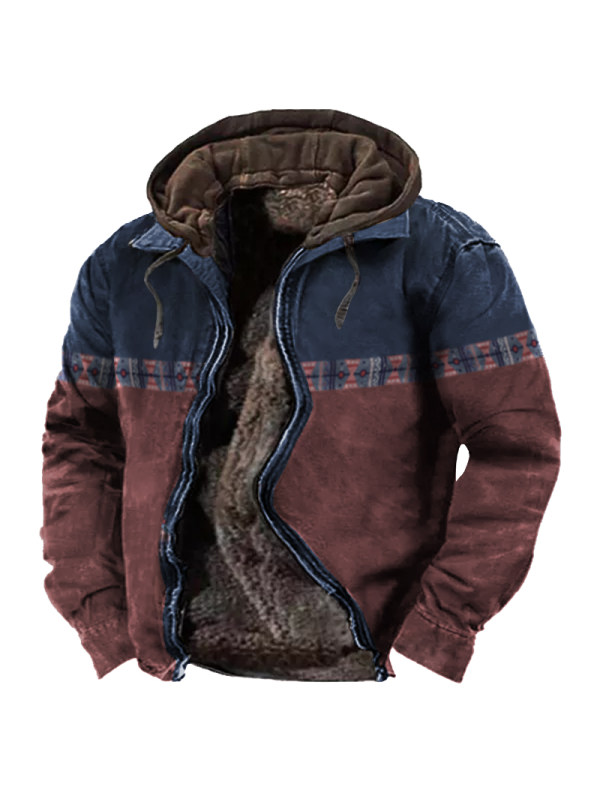 Men's Aztec Quarter Hoodie Color Contrast Winter Tactical Jacket