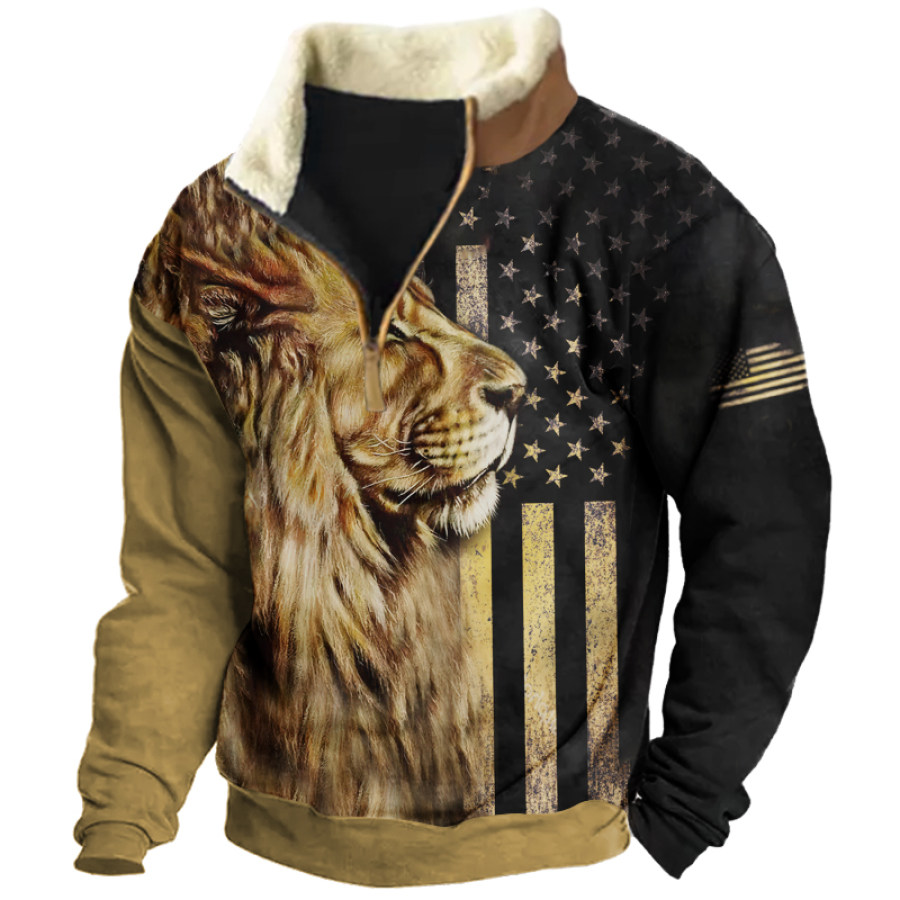 

Men's American Flag Lion Print Stand Collar Winter Sweatshirt