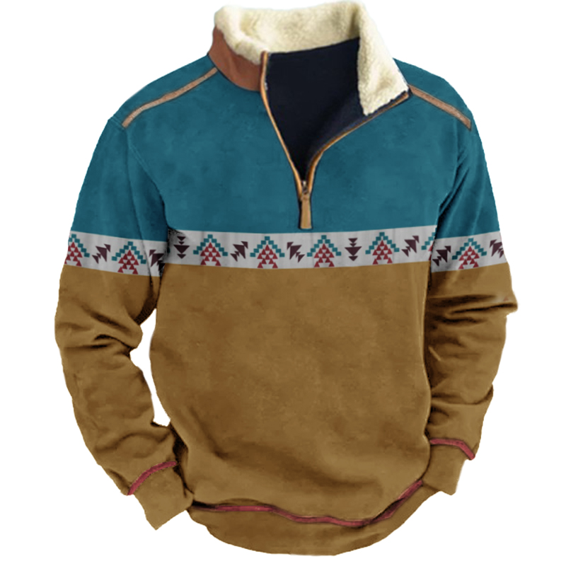 Men's Aztec Quarter Zip Chic Color Contrast Winter Sweatshirt