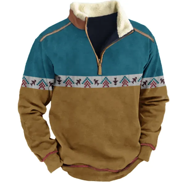Men's Aztec Quarter Zip Color Contrast Winter Sweatshirt