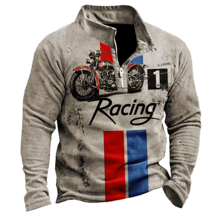 

Men's Vintage Motorcycle Print Stand Collor Sweatshirt