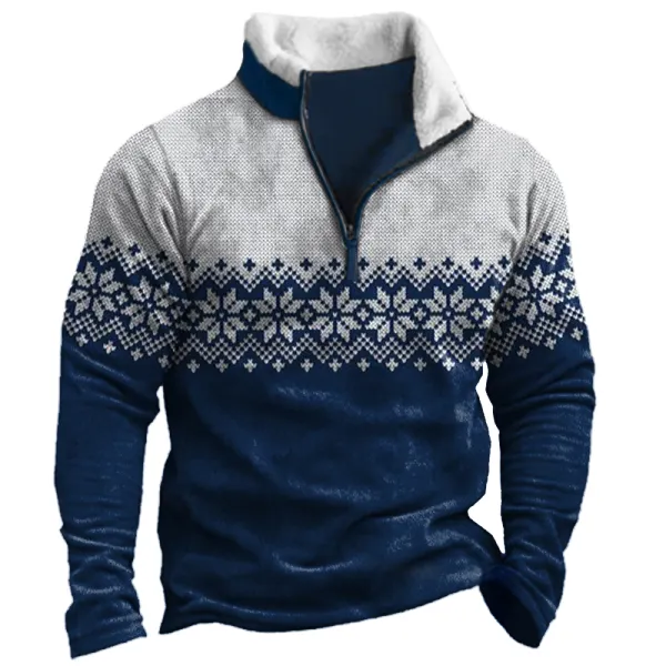 Men's Vintage Christmas Snowflake Colorblock Collar Zip Sweatshirt - Cotosen.com