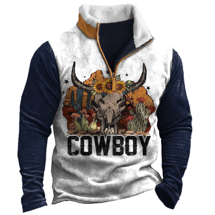 

Men's Vintage Cowboy Western Region Print Stand Collar Sweatshirt