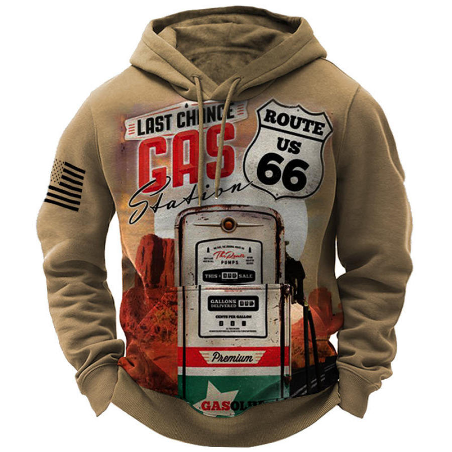 

Men's Outdoors Vintage Gasoline Route 66 Print Pocket Hoodie