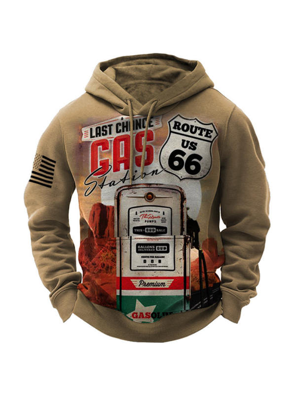 Men's Outdoors Vintage Gasoline Route 66 Print Pocket Hoodie