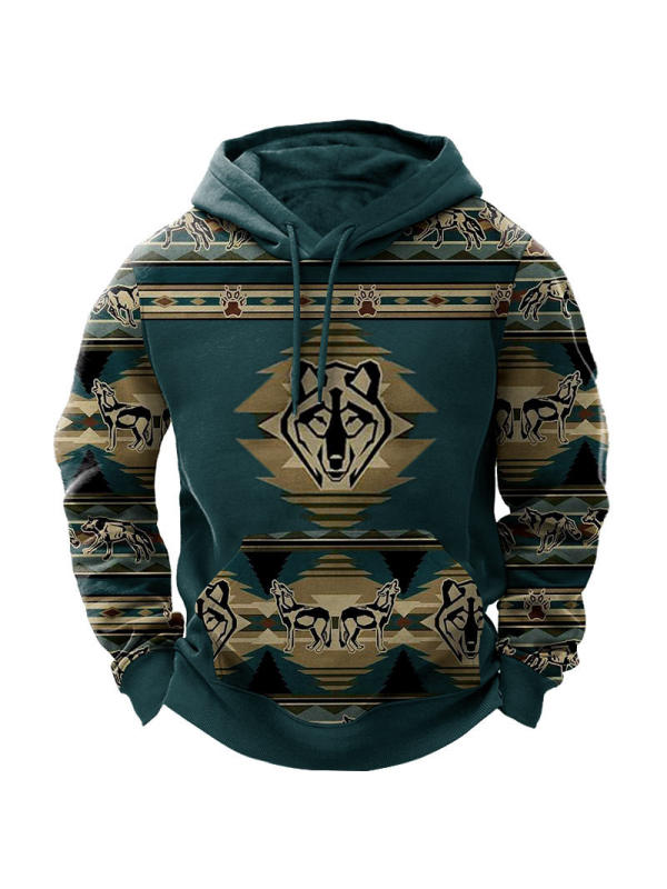 Men's Outdoor Vintage Ethnic Wolf Print Hoodie