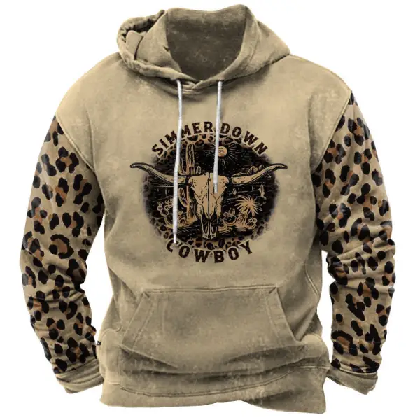 Men's Outdoor Vintage Western Denim Leopard Print Hoodie - Kalesafe.com 