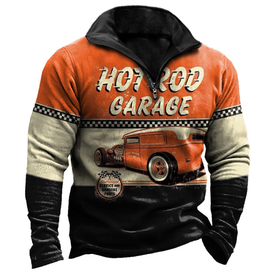 

Men's Retro Auto Garage Contrast Print Quarter Zip Sweatshirt