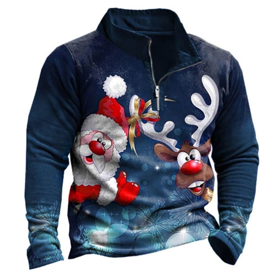 

Men's Christmas Santa Elk Print Quarter Zip Sweatshirt