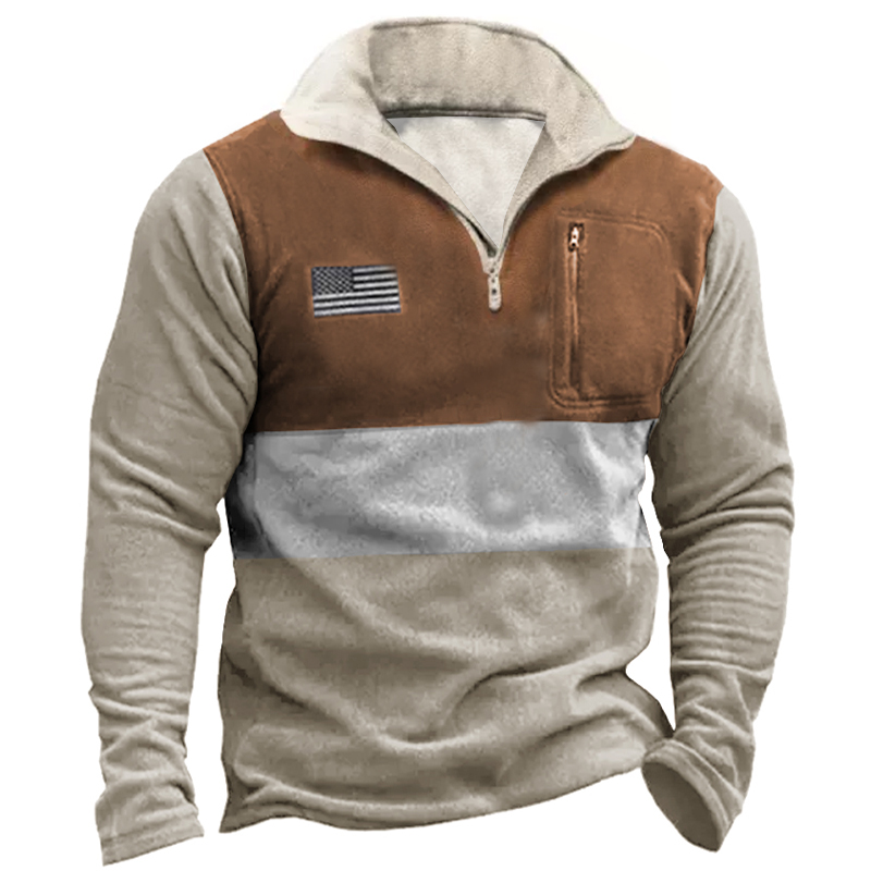 Men's Quarter American Flag Chic Zip Color Contrast Winter Sweatshirt