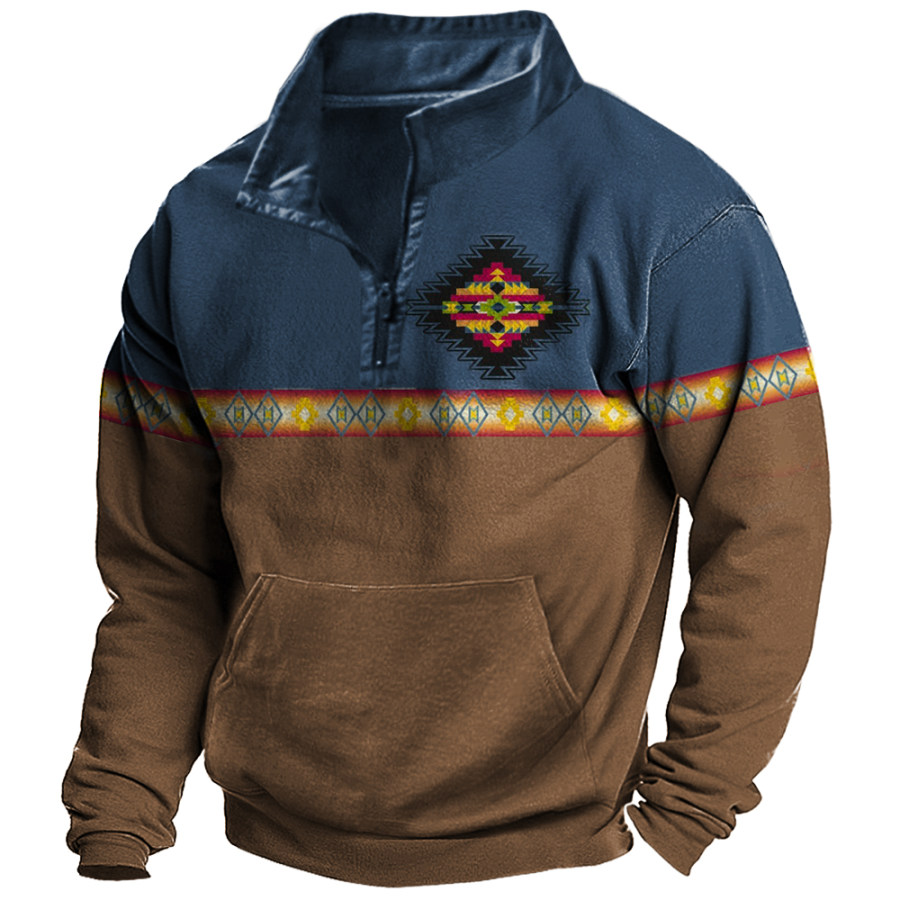 

Men's Vintage Aztec Print Pocket Stand Collar Sweatshirt