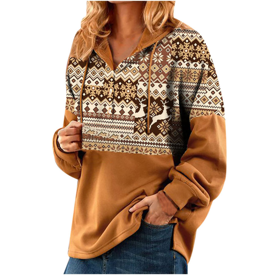 

Women's Ethnic Print Loose Long Sleeve Hooded Sweatshirt
