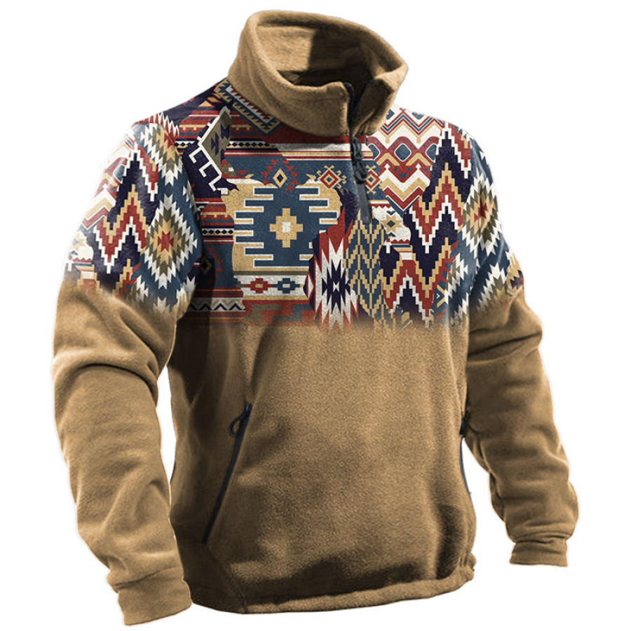 

Men's Vintage Ethnic Print Colorblock Zip Pocket Sweatshirt