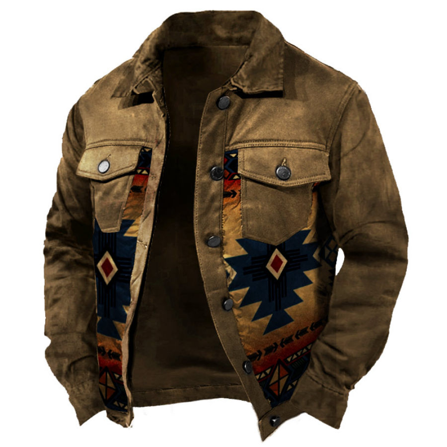 

Men's Vintage Outdoor Ethnic Print Patchwork Pocket Jacket