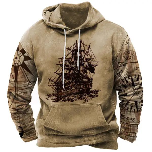 Men's Vintage Nautical Print Pocket Hoodie - Kalesafe.com 