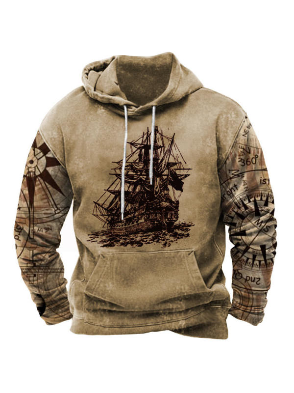 Men's Vintage Nautical Print Pocket Hoodie