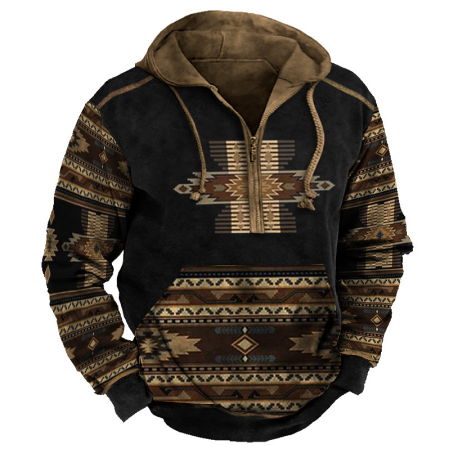 

Men's Vintage Ethnic Print Colorblock Hoodie