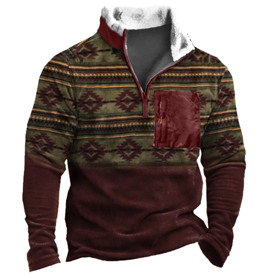 

Men's Zipped Pocket Ethnic Print Fleece Mock Neck Sweatshirt